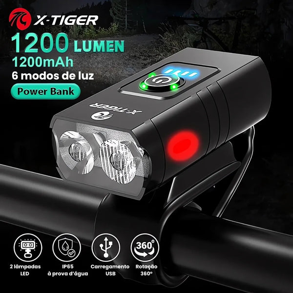 Farol de Bicicleta X-Tiger TurboLight 1200mAh com Power Bank