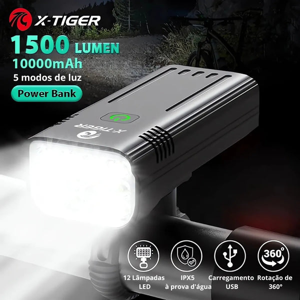 Farol de Bicicleta X-Tiger TurboLight 10000mAh com Power Bank - 12 LED