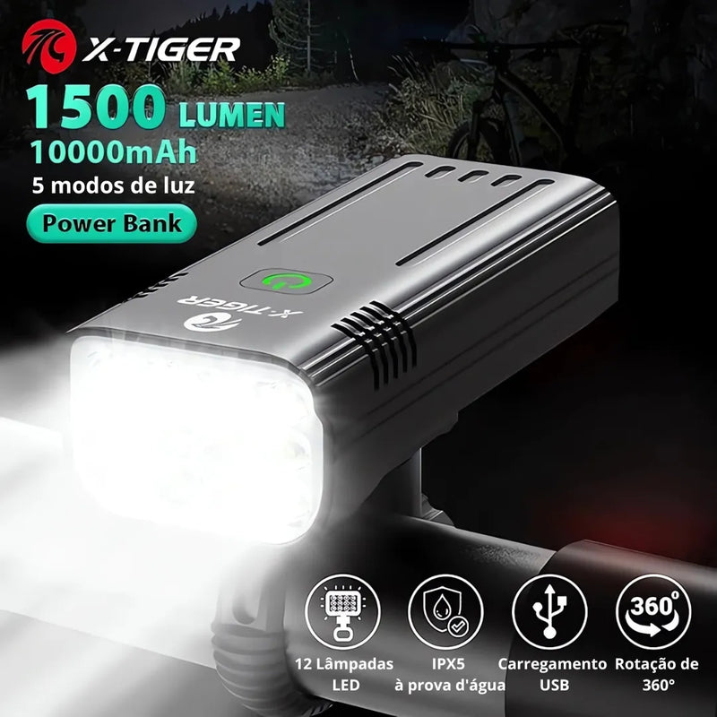 Farol de Bicicleta X-Tiger TurboLight 10000mAh com Power Bank - 12 LED