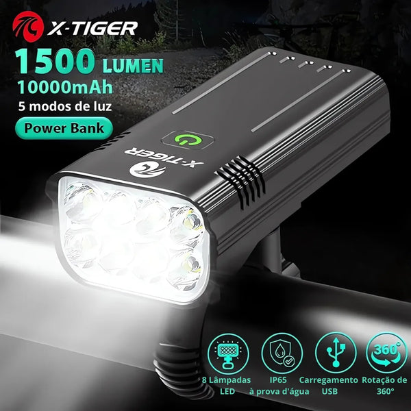 Farol de Bicicleta X-Tiger TurboLight 10000mAh com Power Bank - 8 LED