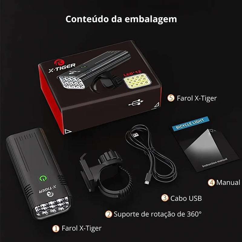 Farol de Bicicleta X-Tiger TurboLight 10000mAh com Power Bank - 12 LED