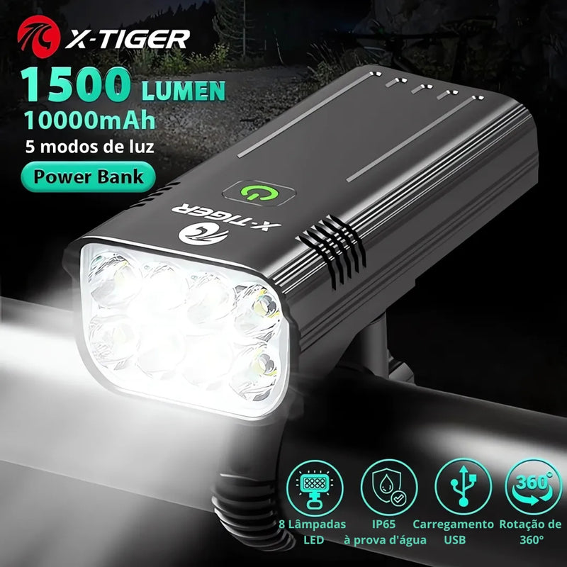 Farol de Bicicleta X-Tiger TurboLight 10000mAh com Power Bank - 8 LED