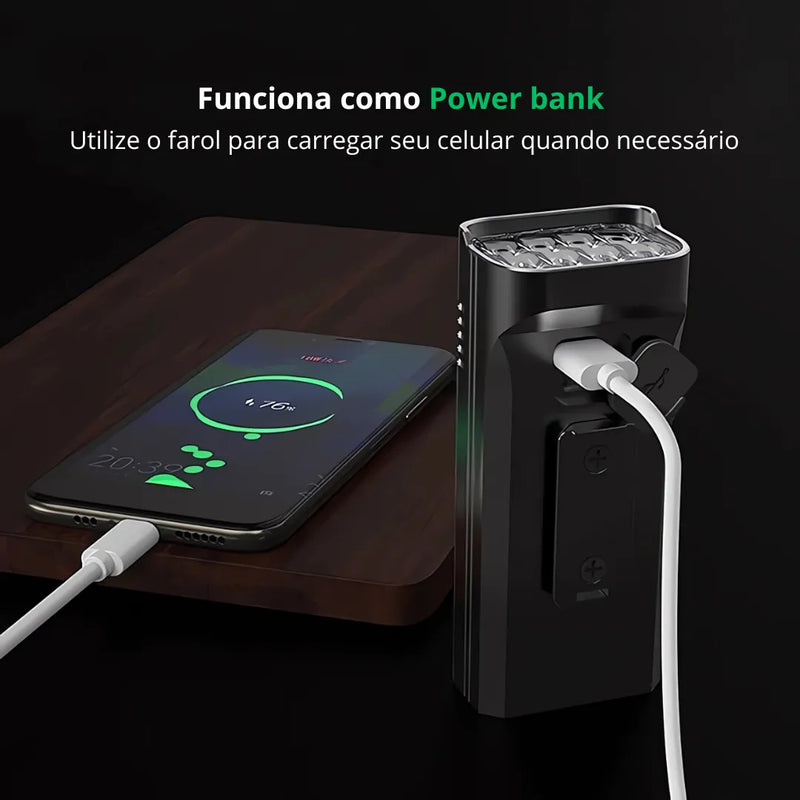 Farol de Bicicleta X-Tiger TurboLight 10000mAh com Power Bank - 12 LED