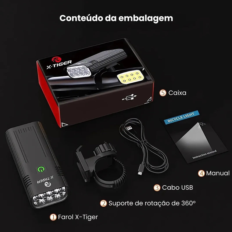 Farol de Bicicleta X-Tiger TurboLight 10000mAh com Power Bank - 8 LED