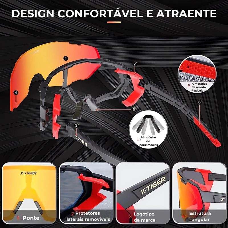 Óculos de Ciclismo 5 Lentes Fotocromático X-Tiger Modelo Surge (C01)