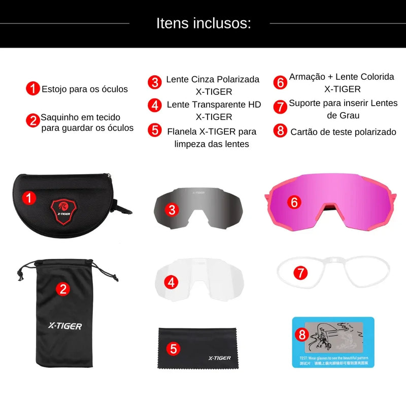 Óculos de Ciclismo 3 Lentes Fotocromático X-Tiger Modelo Vortex 